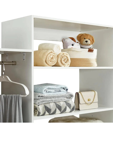 White Wooden Closet Organizer System – Wall-Mounted Shelves, Drawers & Hanging Rod for Clothes Storage