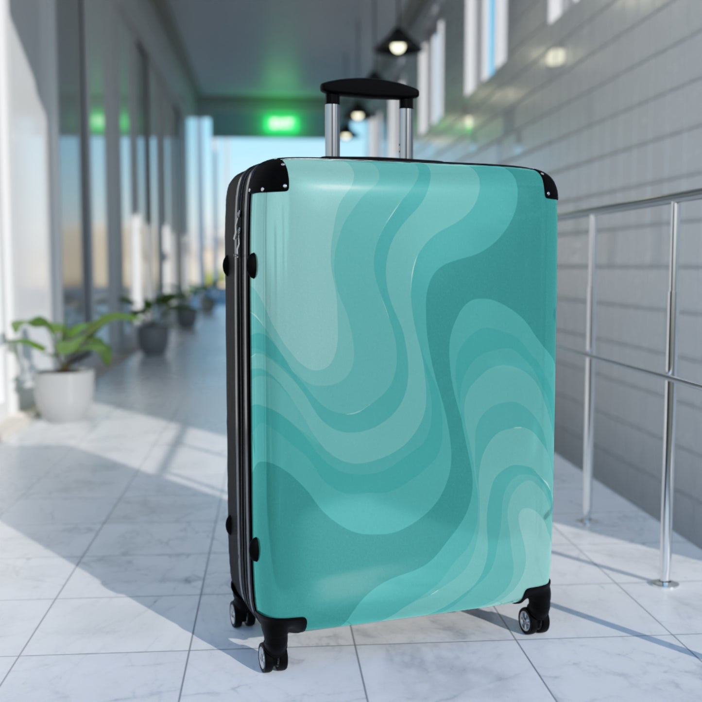 Tif Green Wavey Large Suitcase with built in lock, 4 double-wheels, telescopic handle, and ABS back hard-shell