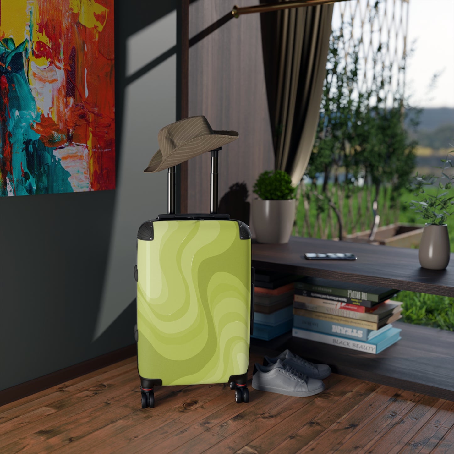 Lemon Wavey Small Suitcase with built in lock, 4 double-wheels, telescopic handle, and ABS back hard-shell