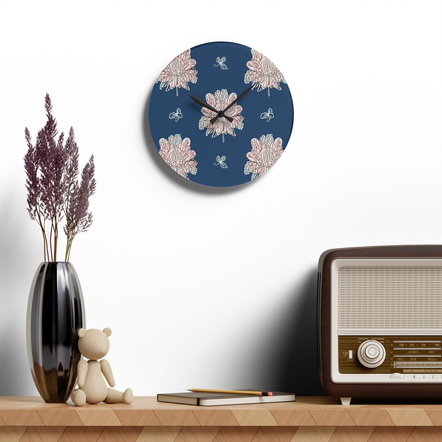 Rose White Floral Butterflies Acrylic Wall Clock, Round or Square, 10.75" x 10.75"