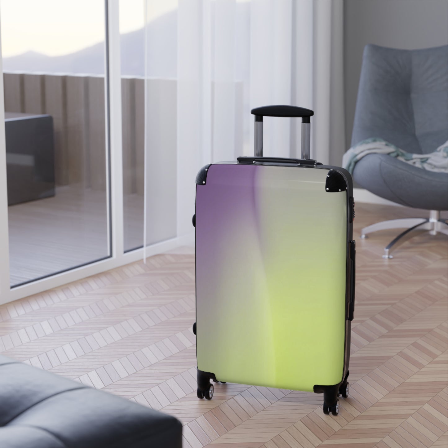 Purple Golden Fade Medium Suitcase with built in lock, 4 double-wheels, telescopic handle, and ABS back hard-shell