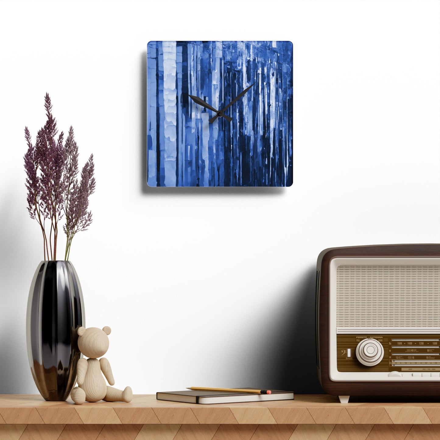 Striped Deep Blue Acrylic Wall Clock, Round or Square, 10.75" x 10.75"