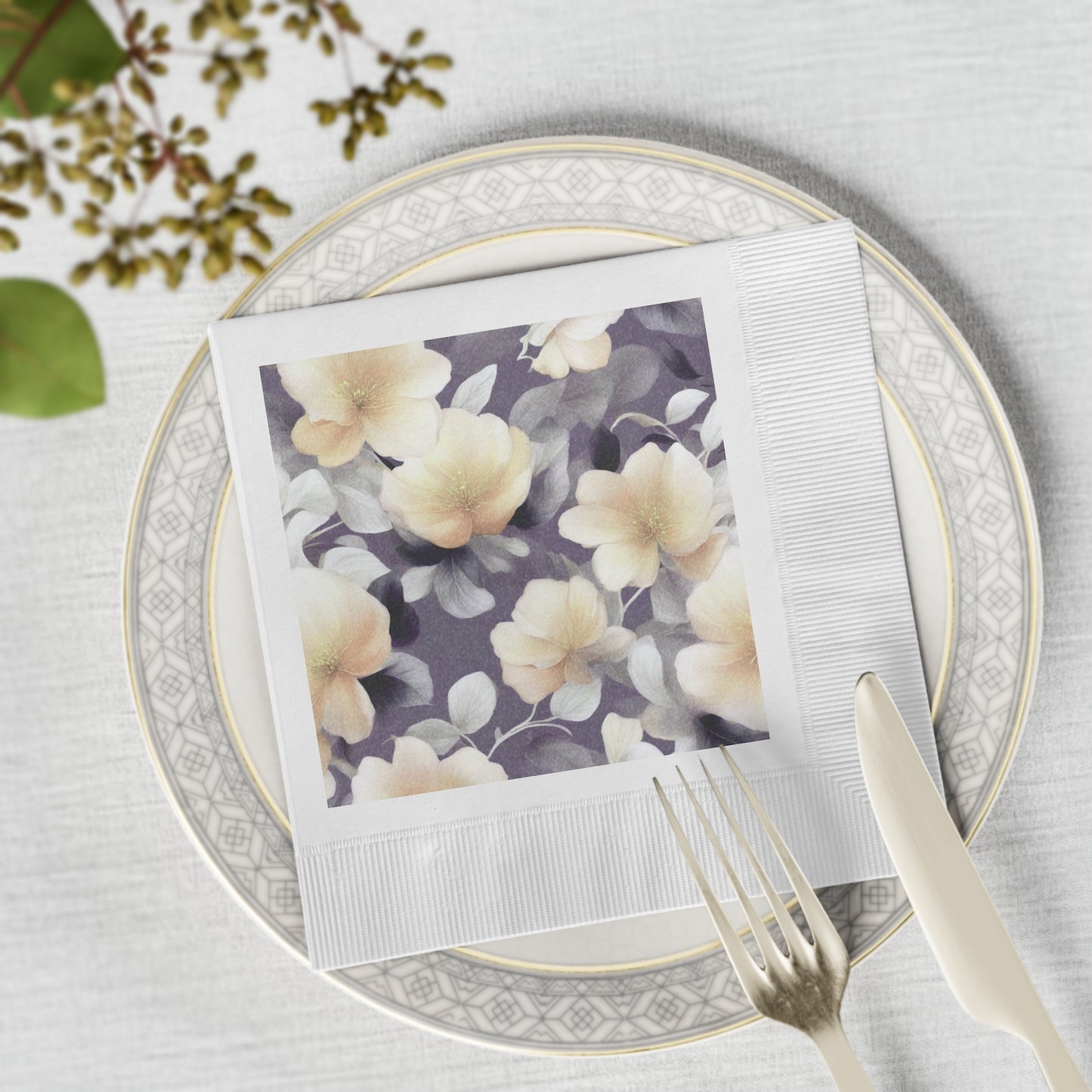 White Blush Floral Bunch White Coined Napkins, 6.5" x 6.5"