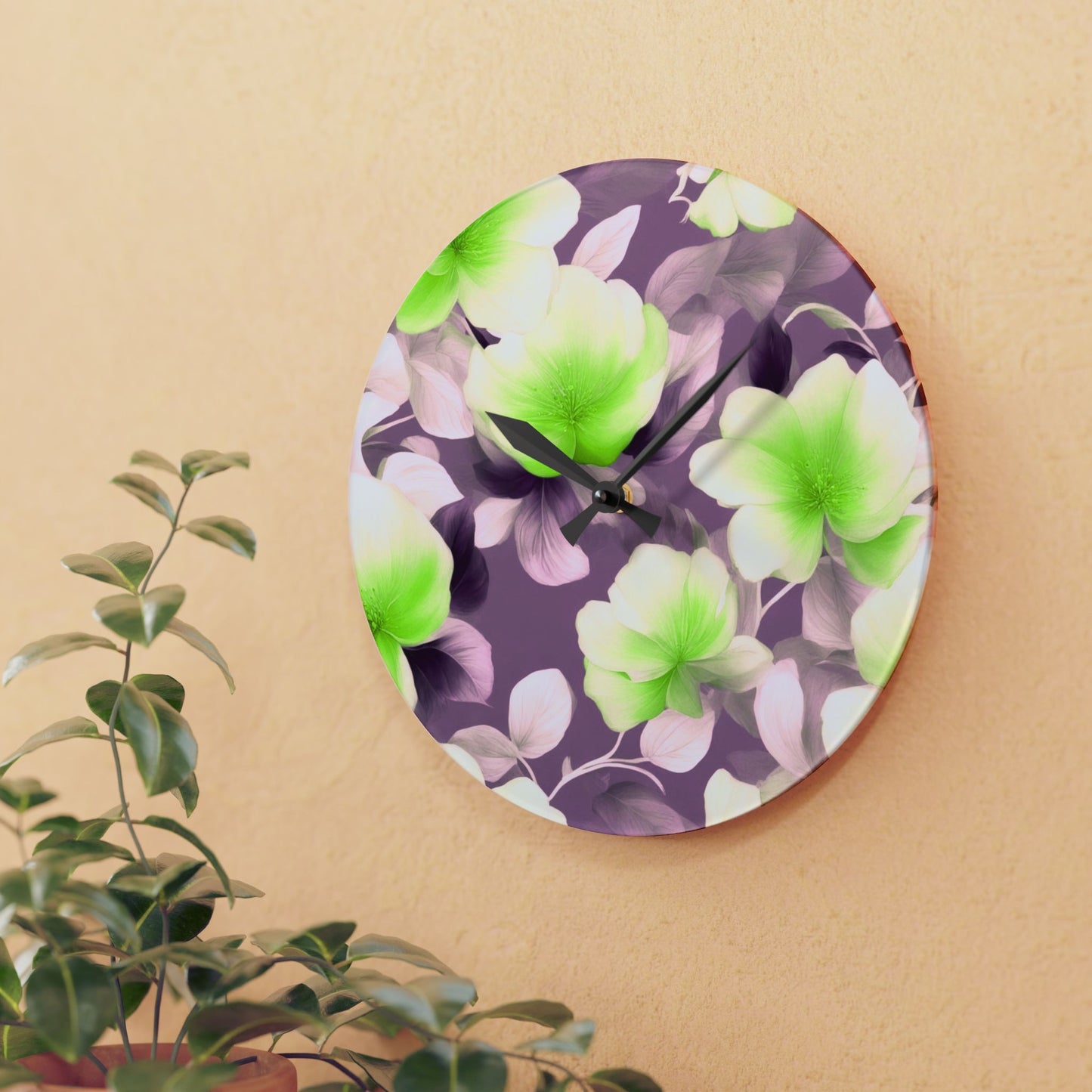 Lime Lavender Floral Bunch Acrylic Wall Clock, Round or Square, 10.75" x 10.75"