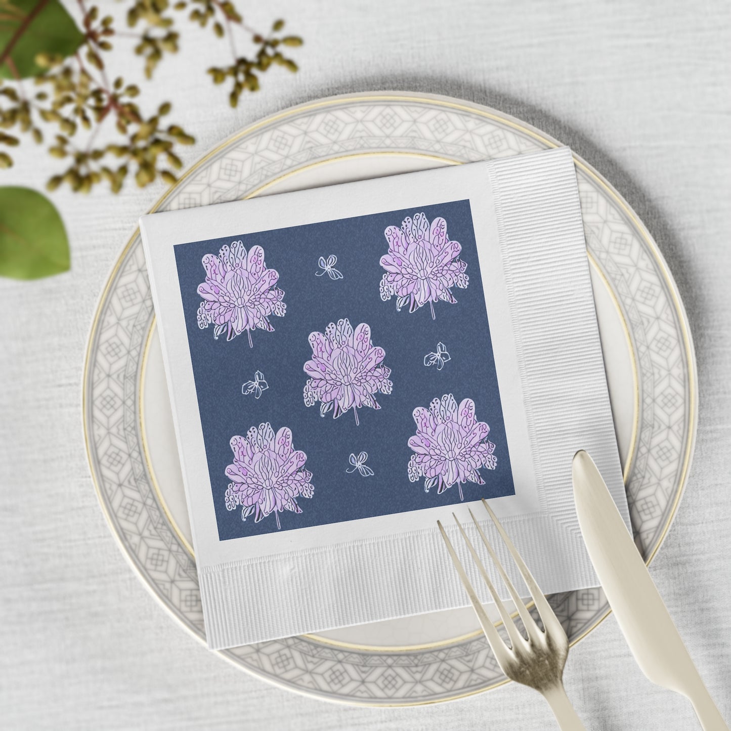 Purple White Floral Butterflies White Coined Napkins, 6.5" x 6.5"
