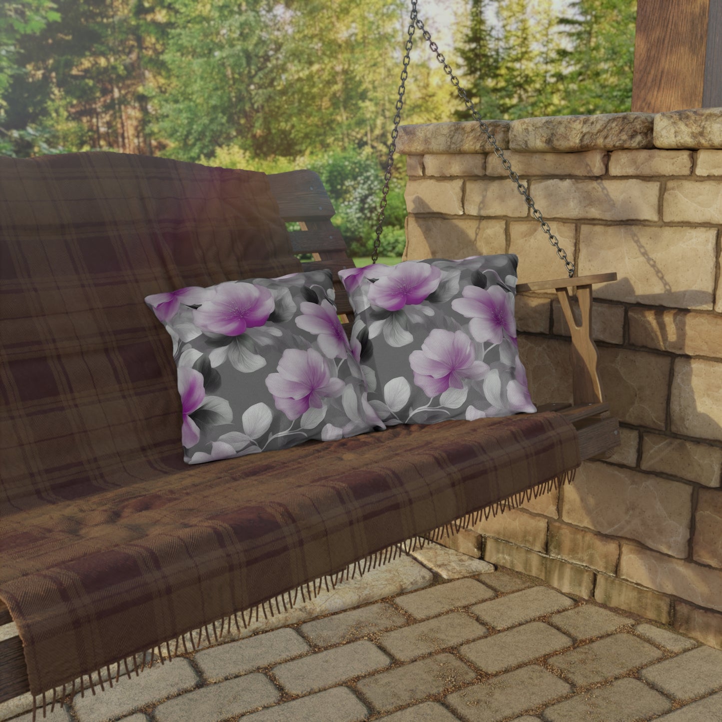 Red Blossom Floral Bunch Outdoor Pillow, 16" x 16"