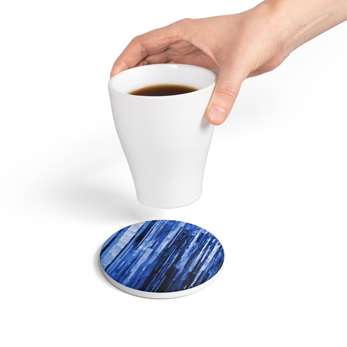 Striped Deep Blue 4" x 4" Round Ceramic Coaster