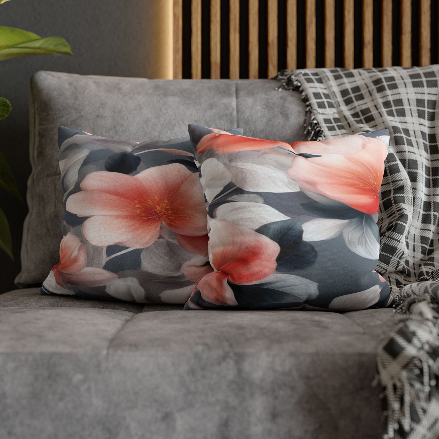 Red Blossom Floral Bunch Spun Polyester Square Pillowcase, 14" x 14"