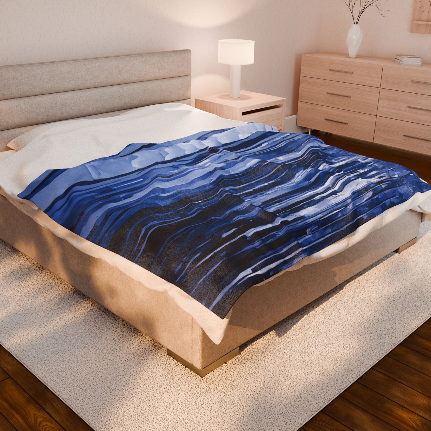 Striped Deep Blue Velveteen Plush Blanket, 60" x 80"