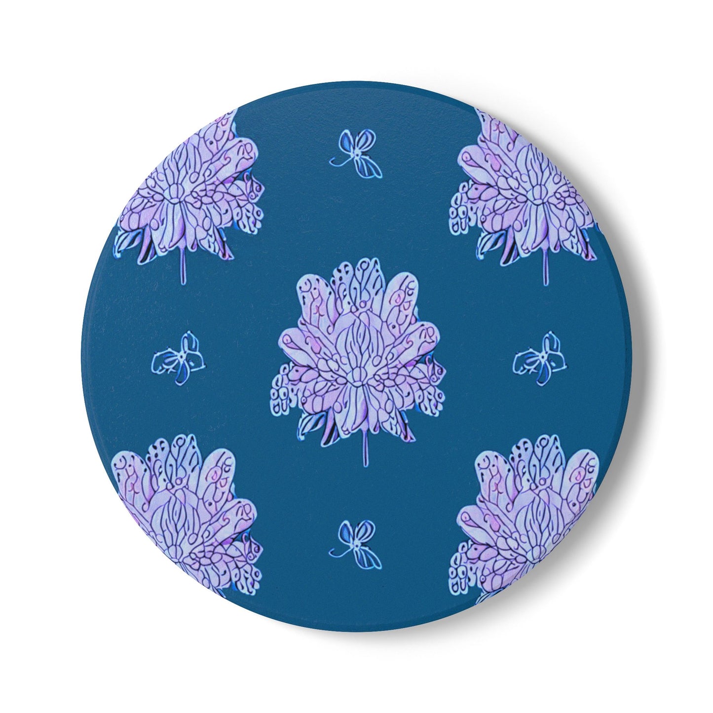 Lavender Floral Butterflies 4" x 4" Round Ceramic Coaster