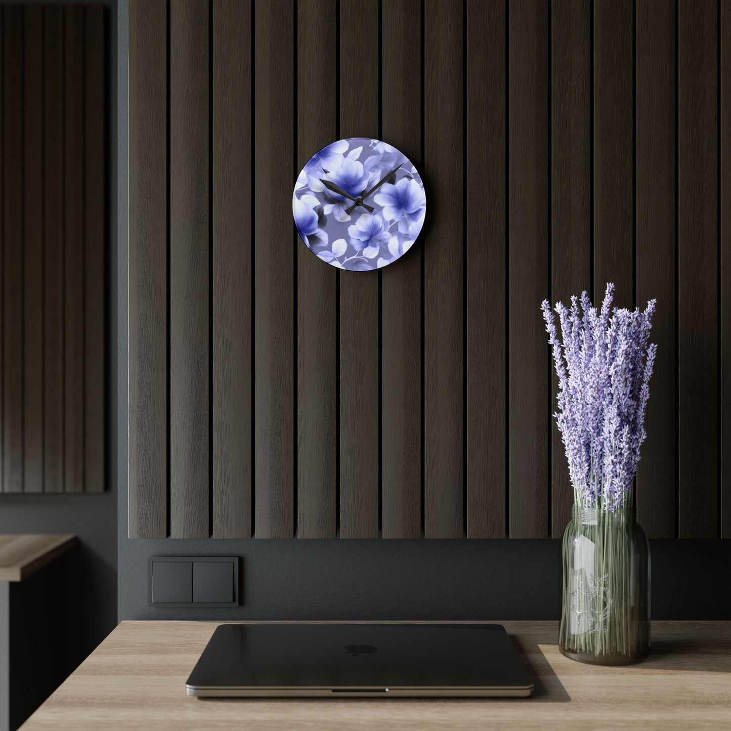 Indigo Blossom Floral Bunch Acrylic Round Wall Clock, 8" x 8"