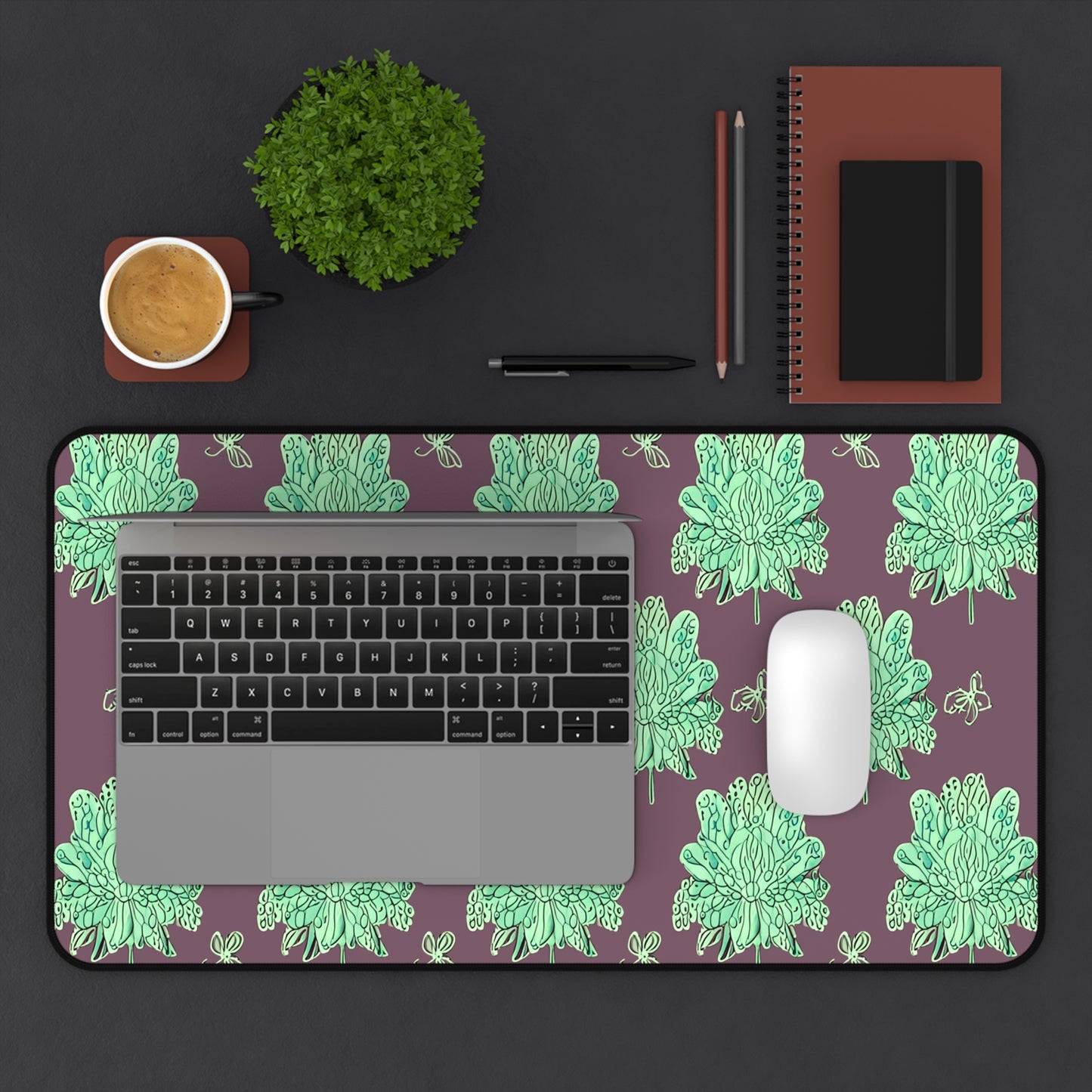 Mint Green Floral Butterflies 12" x 22" Desk Mat