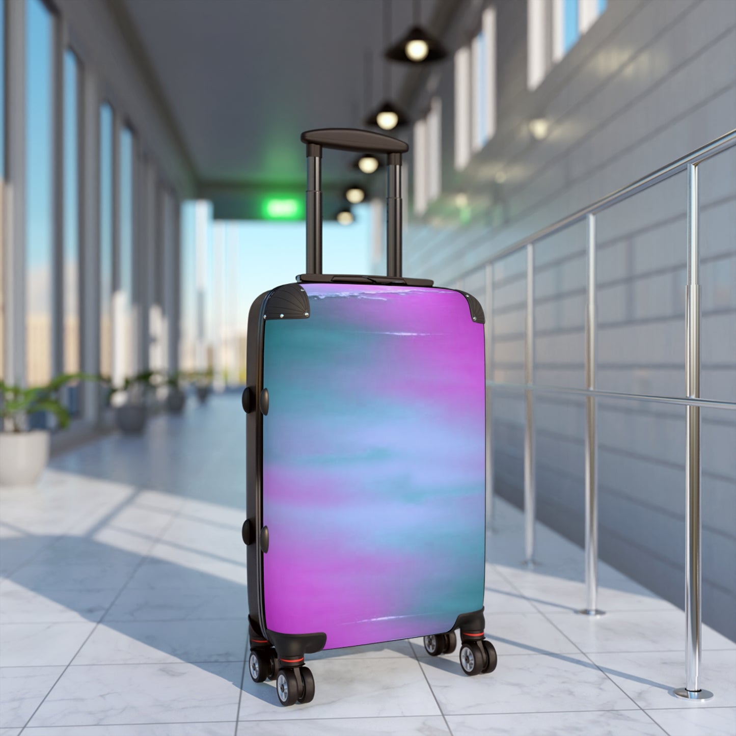Dark Blue Green Sea Purple Fog Small Suitcase with built in lock, 4 double-wheels, telescopic handle, and ABS back hard-shell