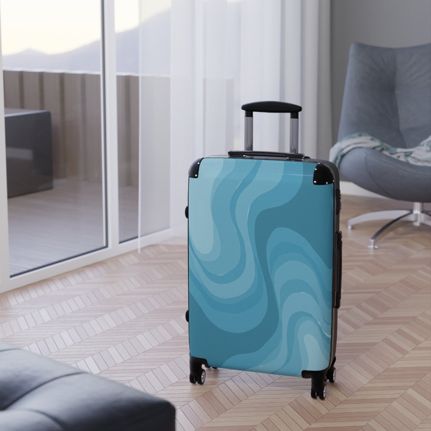 Sky Blue Wavey Medium Suitcase with built in lock, 4 double-wheels, telescopic handle, and ABS back hard-shell