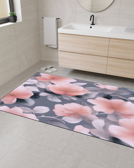 Peach and Blue Gray Floral Bunch Heavy Duty Floor Mat, 48" x 72"