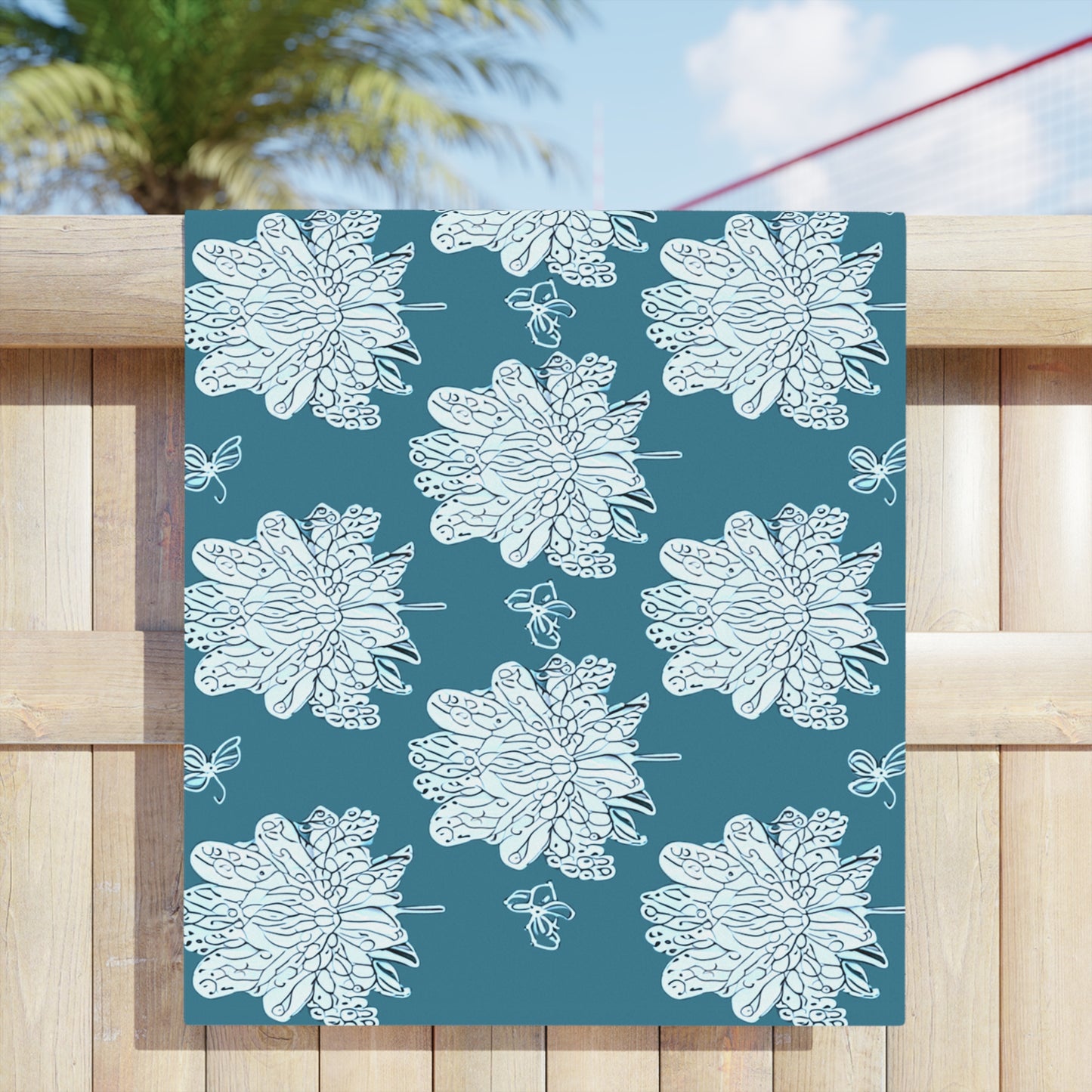 Tif Green White Floral Butterflies Beach Towel, 30" x 60"