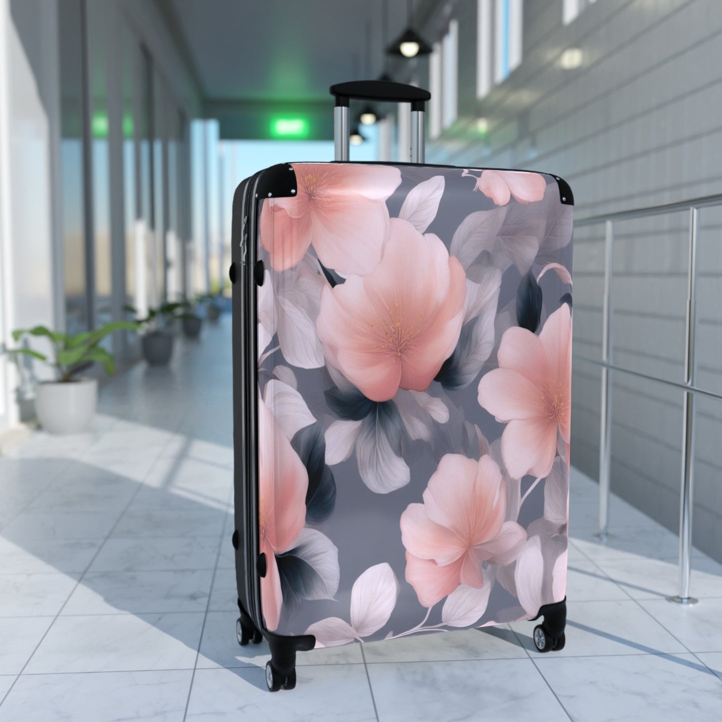 Peach and Blue Gray Floral Bunch Large Suitcase with built in lock, 4 double-wheels, telescopic handle, and ABS back hard-shell