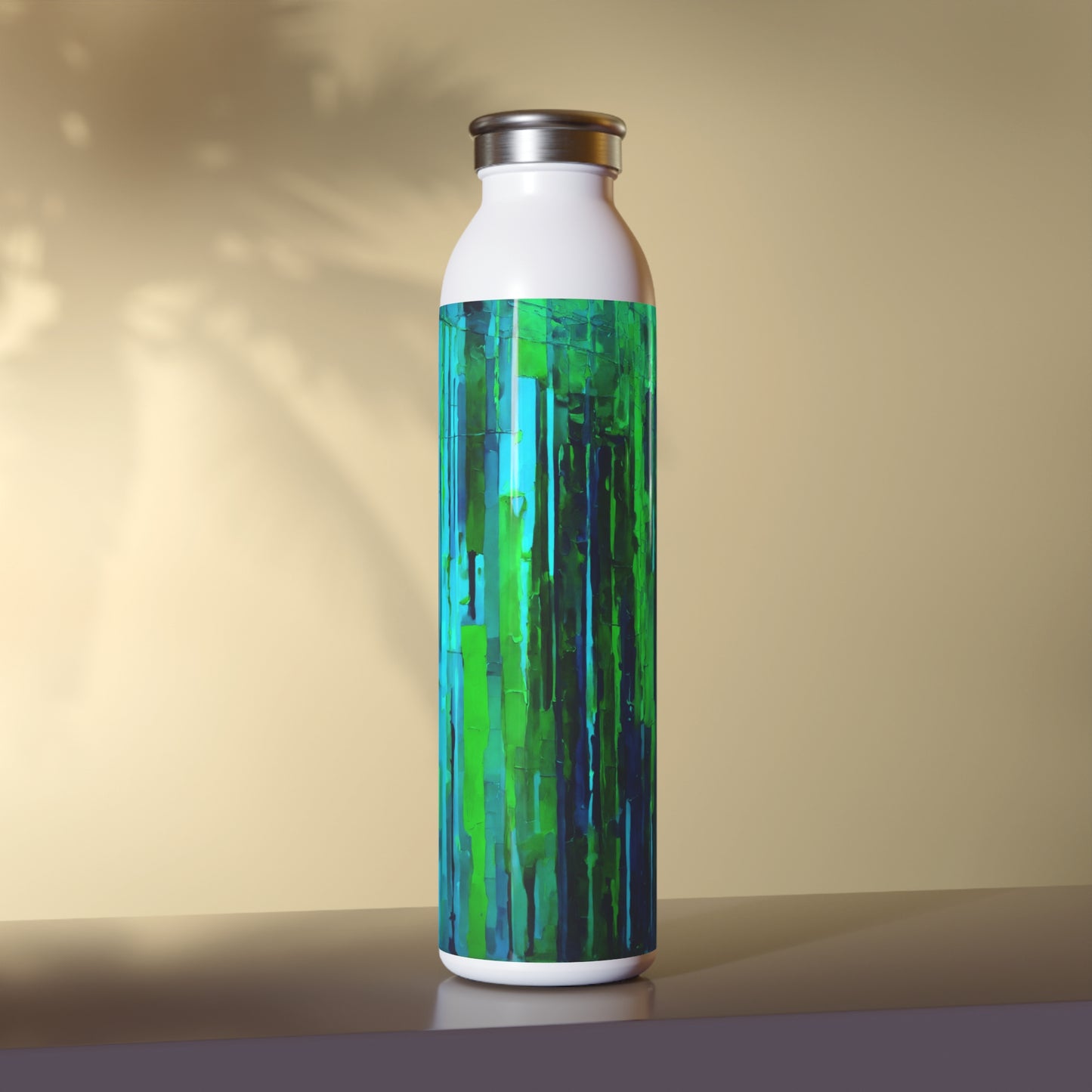 Striped Blue Green Slim Water Bottle, 20 oz White