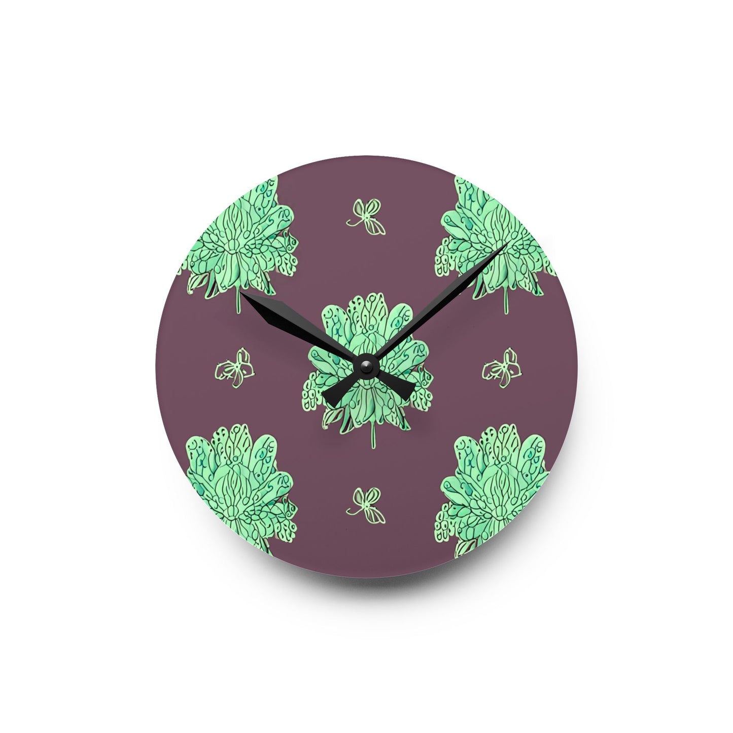Mint Green Floral Butterflies Acrylic Round Wall Clock, 8" x 8"