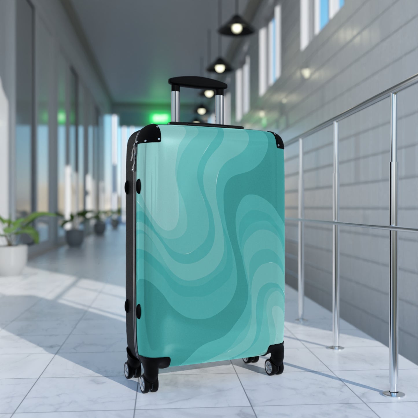 Tif Green Wavey Medium Suitcase with built in lock, 4 double-wheels, telescopic handle, and ABS back hard-shell