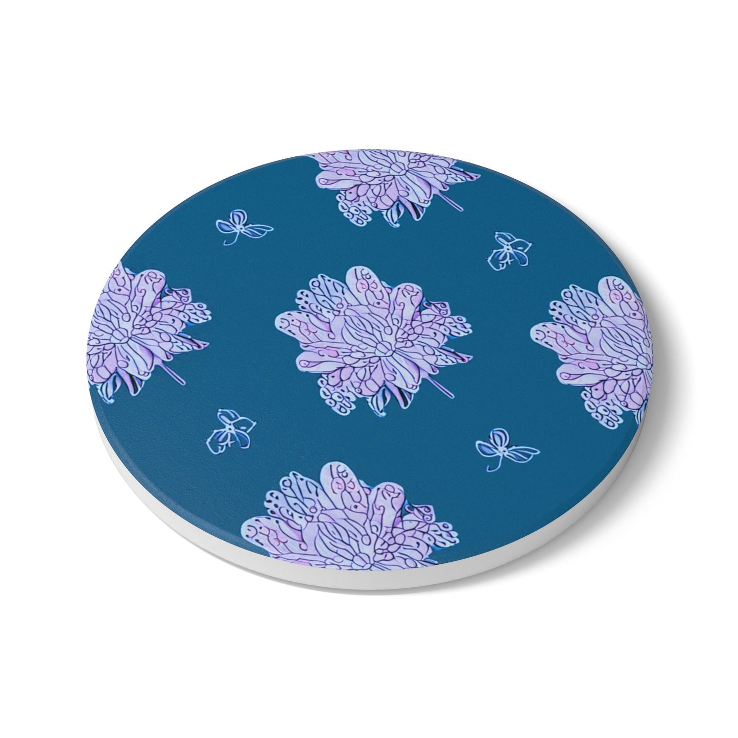 Lavender Floral Butterflies 4" x 4" Round Ceramic Coaster