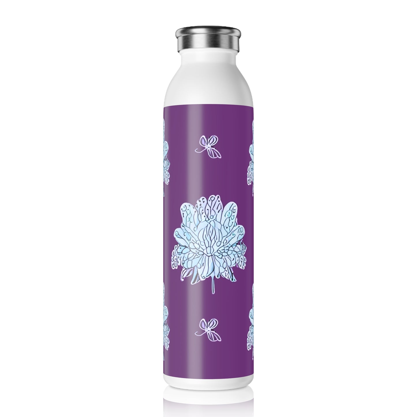 Blue Floral Butterflies Slim Water Bottle, 20 oz White
