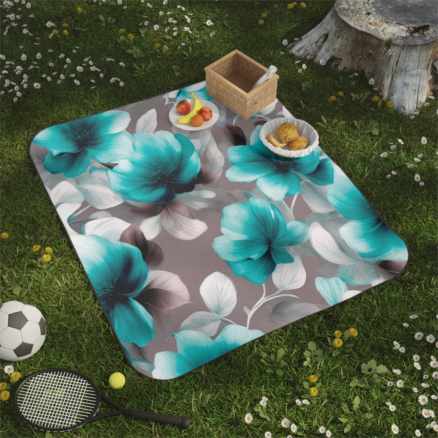 Tif Green Gray Floral Bunch 61" × 51" Picnic Blanket