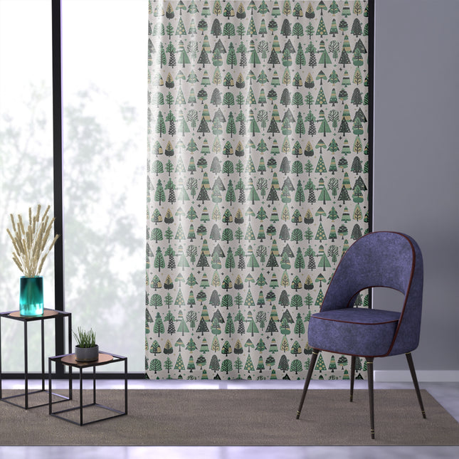 Mini Vintage Green Trees Sheer Window Curtain, 50" x 84", partially transparent