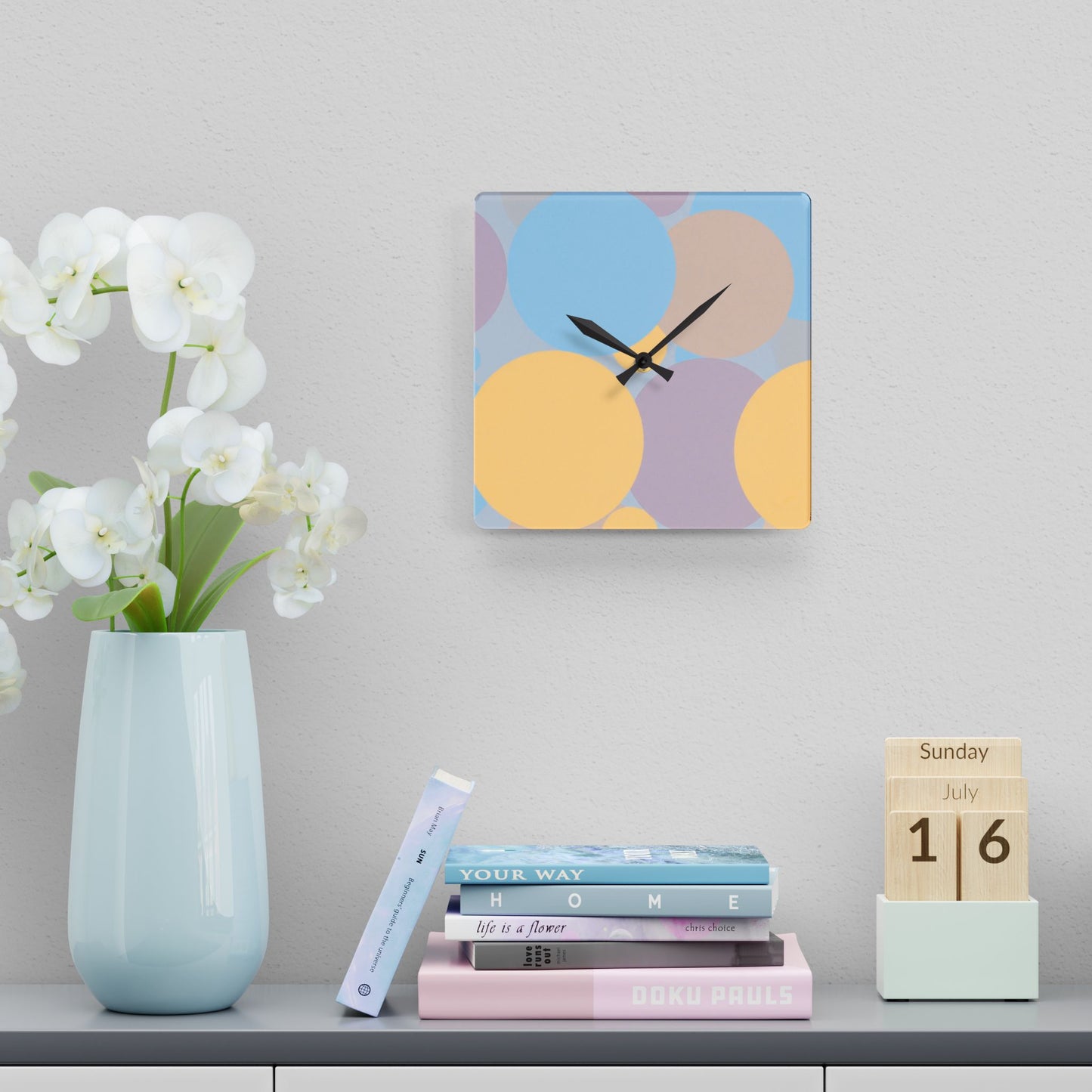 Pastel Baby Blue and Peach Patches Acrylic Wall Clock, Round or Square, 10.75" x 10.75"