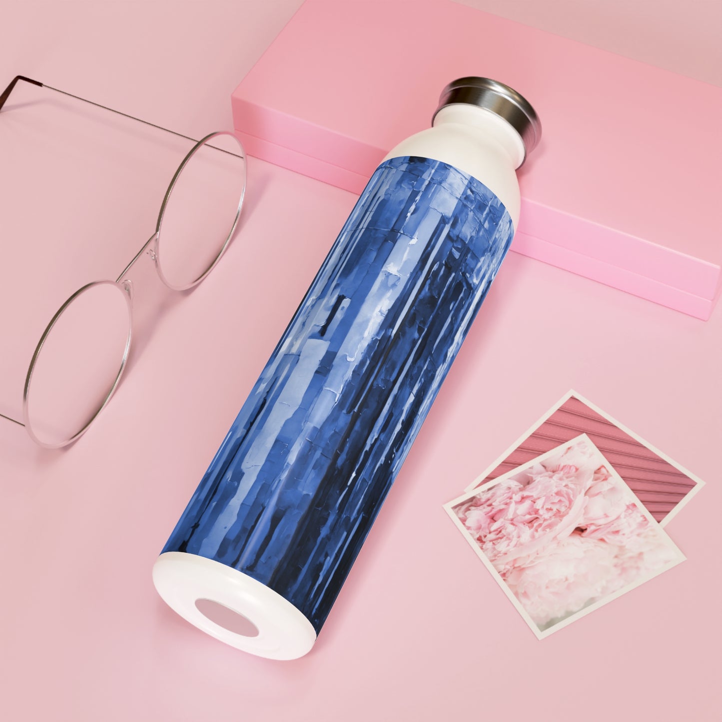 Striped Deep Blue Slim Water Bottle, 20 oz White