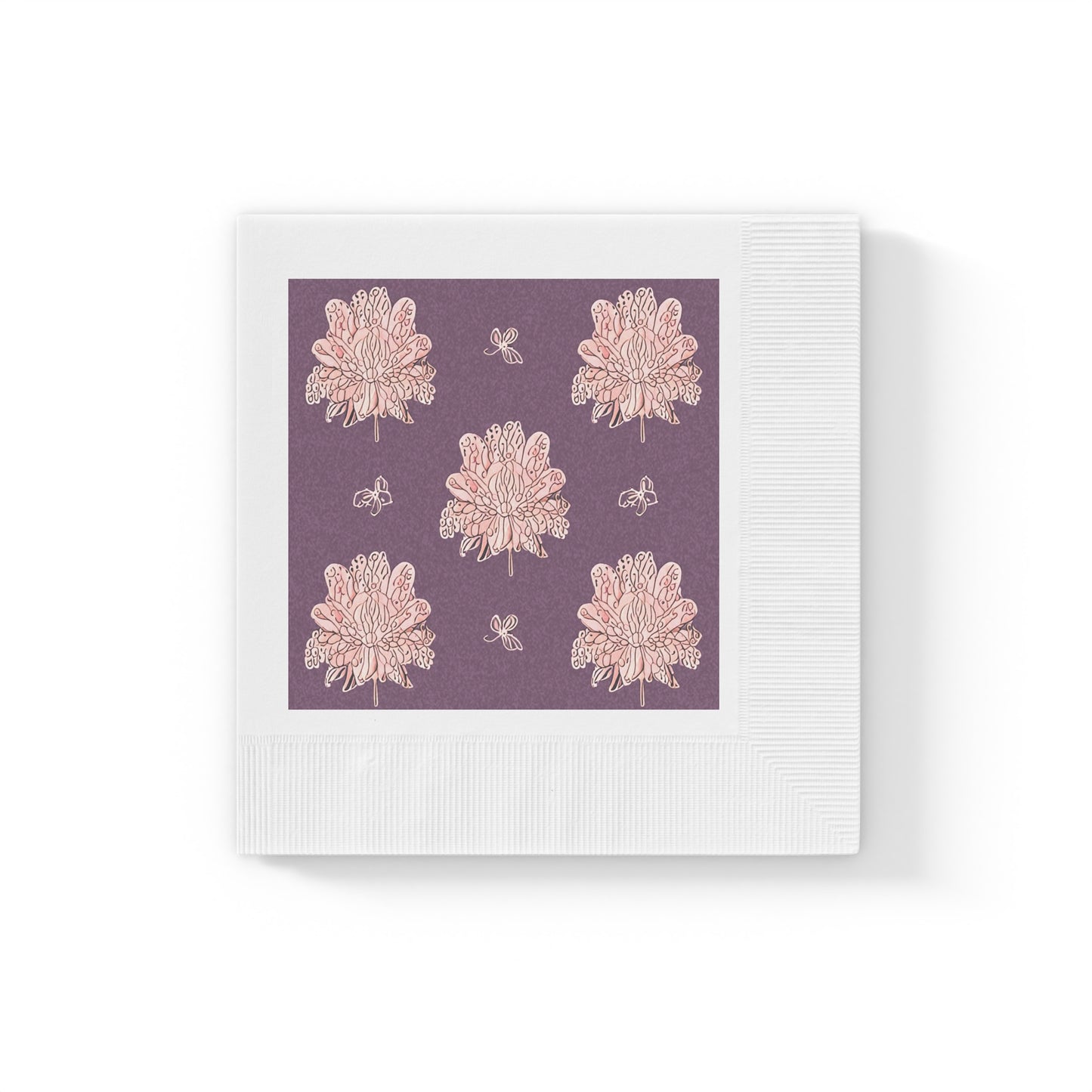 Pink Floral Butterflies White Coined Napkins, 6.5" x 6.5"