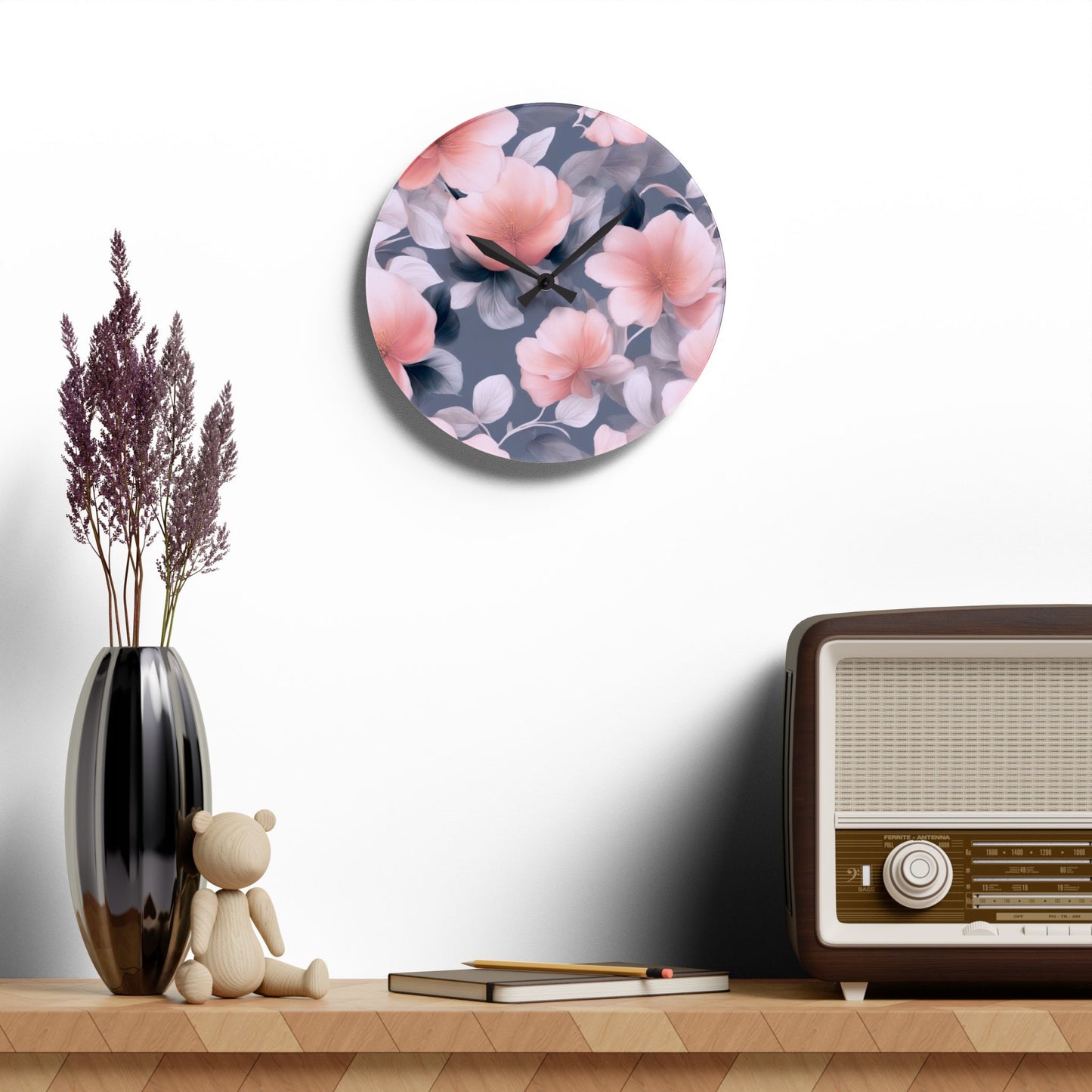 Peach and Blue Gray Floral Bunch Acrylic Wall Clock, Round or Square, 10.75" x 10.75"