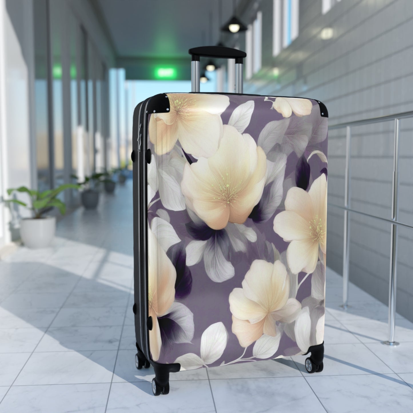 White Blush Floral Bunch Large Suitcase with built in lock, 4 double-wheels, telescopic handle, and ABS back hard-shell