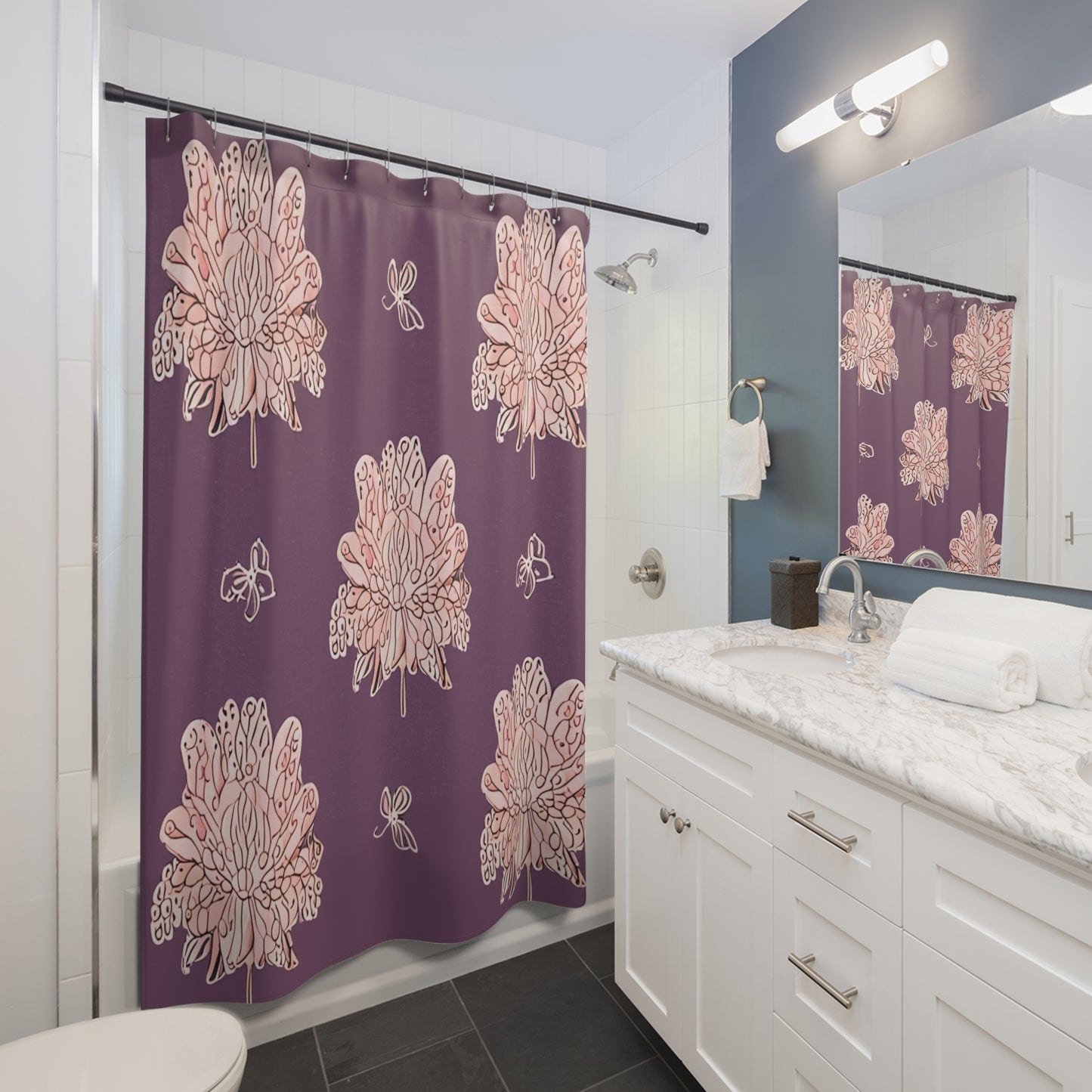 Pink Floral Butterflies Shower Curtain, 71" x 74"