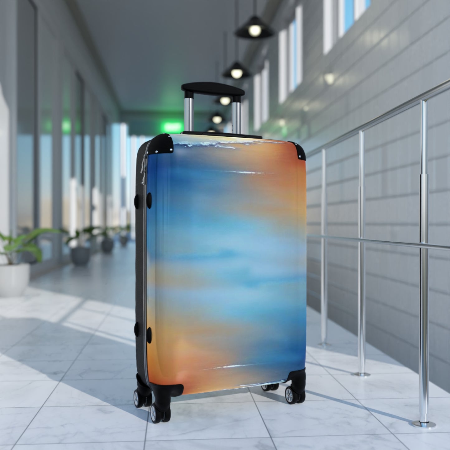 Blue Sea Red Orange Fog Medium Suitcase with built in lock, 4 double-wheels, telescopic handle, and ABS back hard-shell