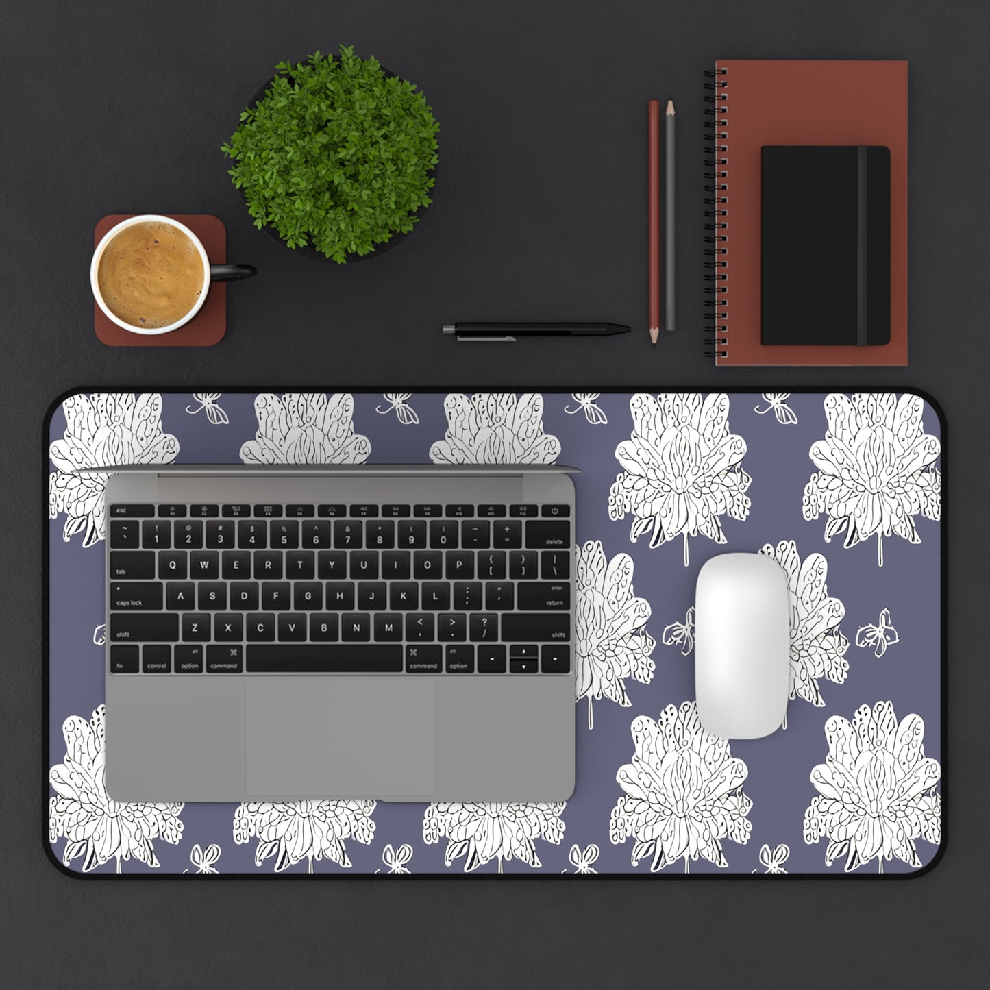 White Floral Butterflies 12" x 22" Desk Mat