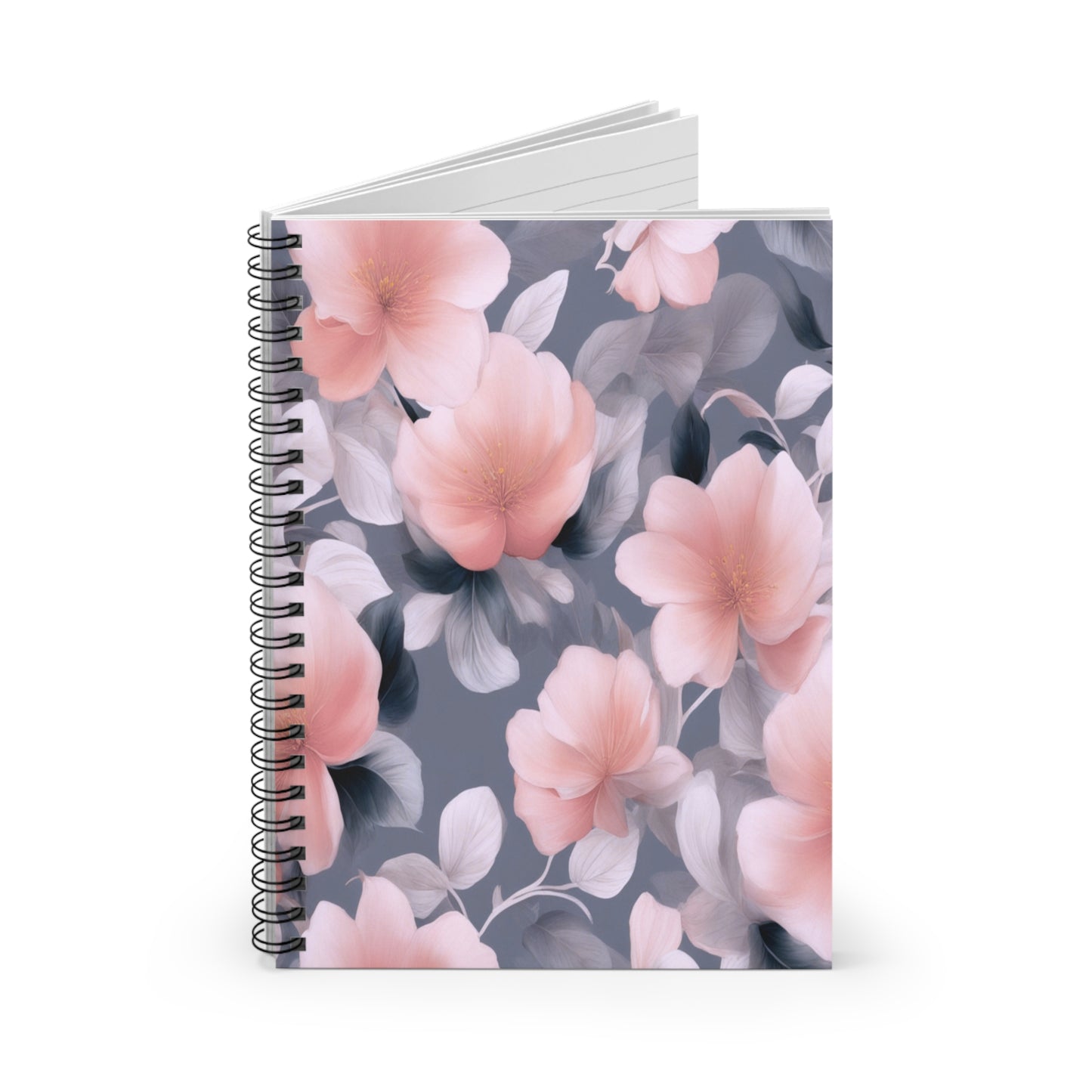 Peach and Blue Gray Floral Bunch Spiral Notebook - Ruled Line, 6" x 8", 118 pages