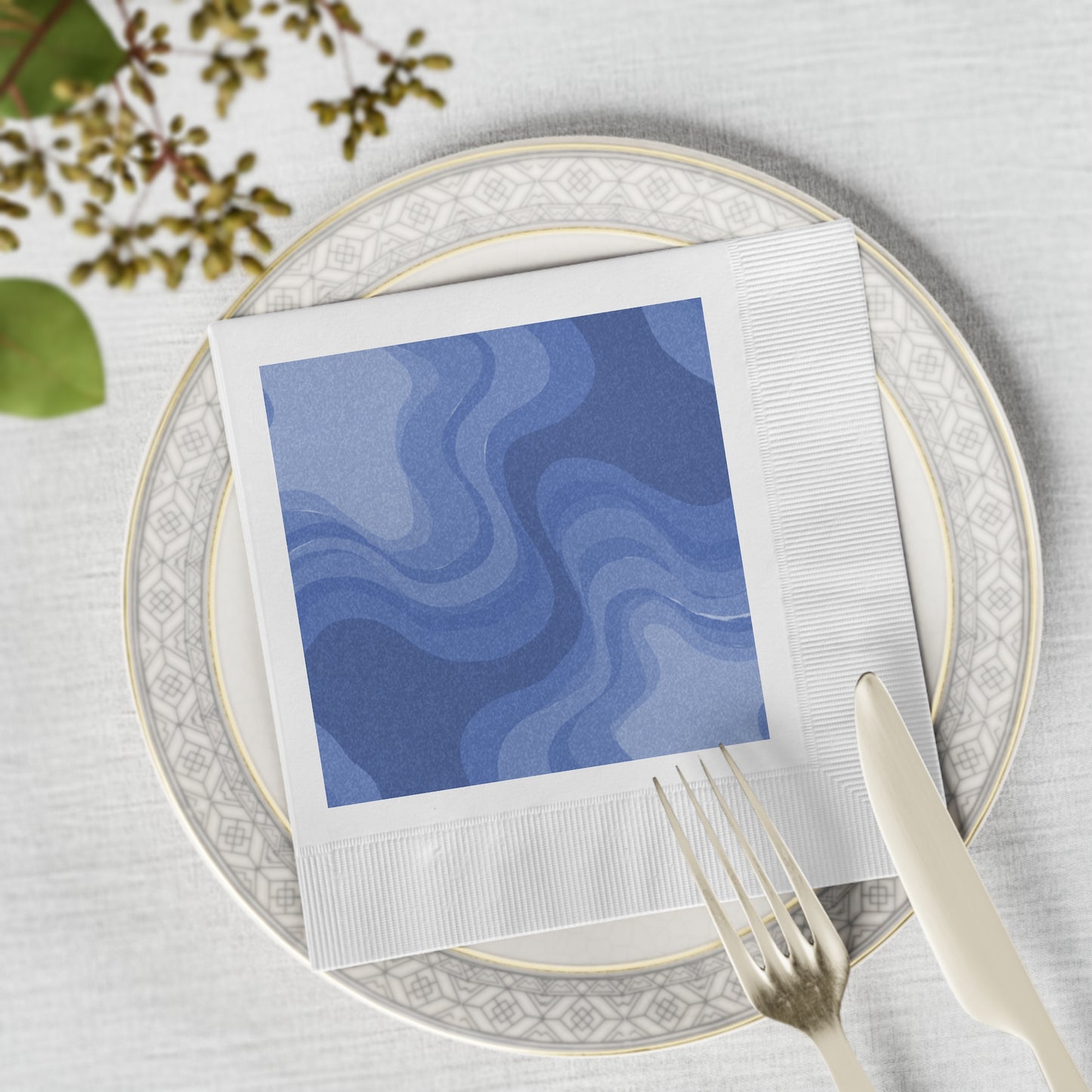 Deep Blue Wavey White Coined Napkins, 6.5" x 6.5"