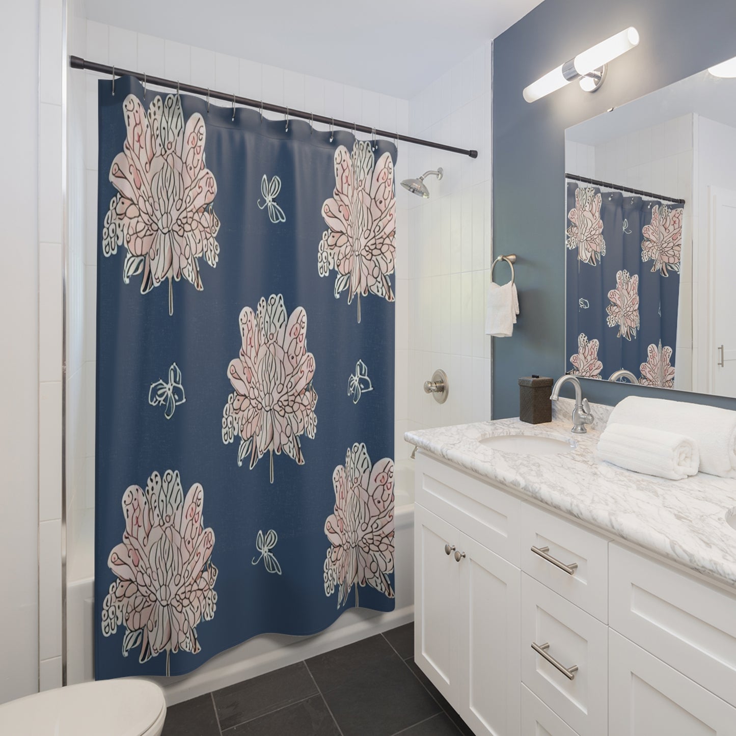 Rose White Floral Butterflies Shower Curtain, 71" x 74"