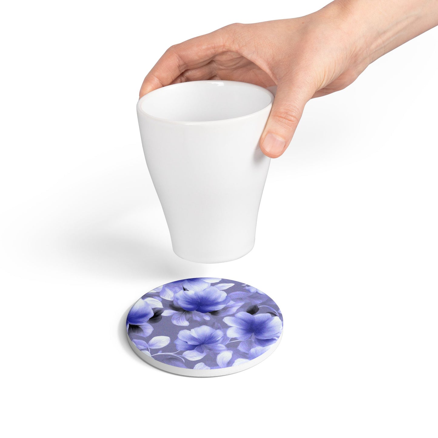 Indigo Blossom Floral Bunch Round Ceramic Coaster, 4" x 4"