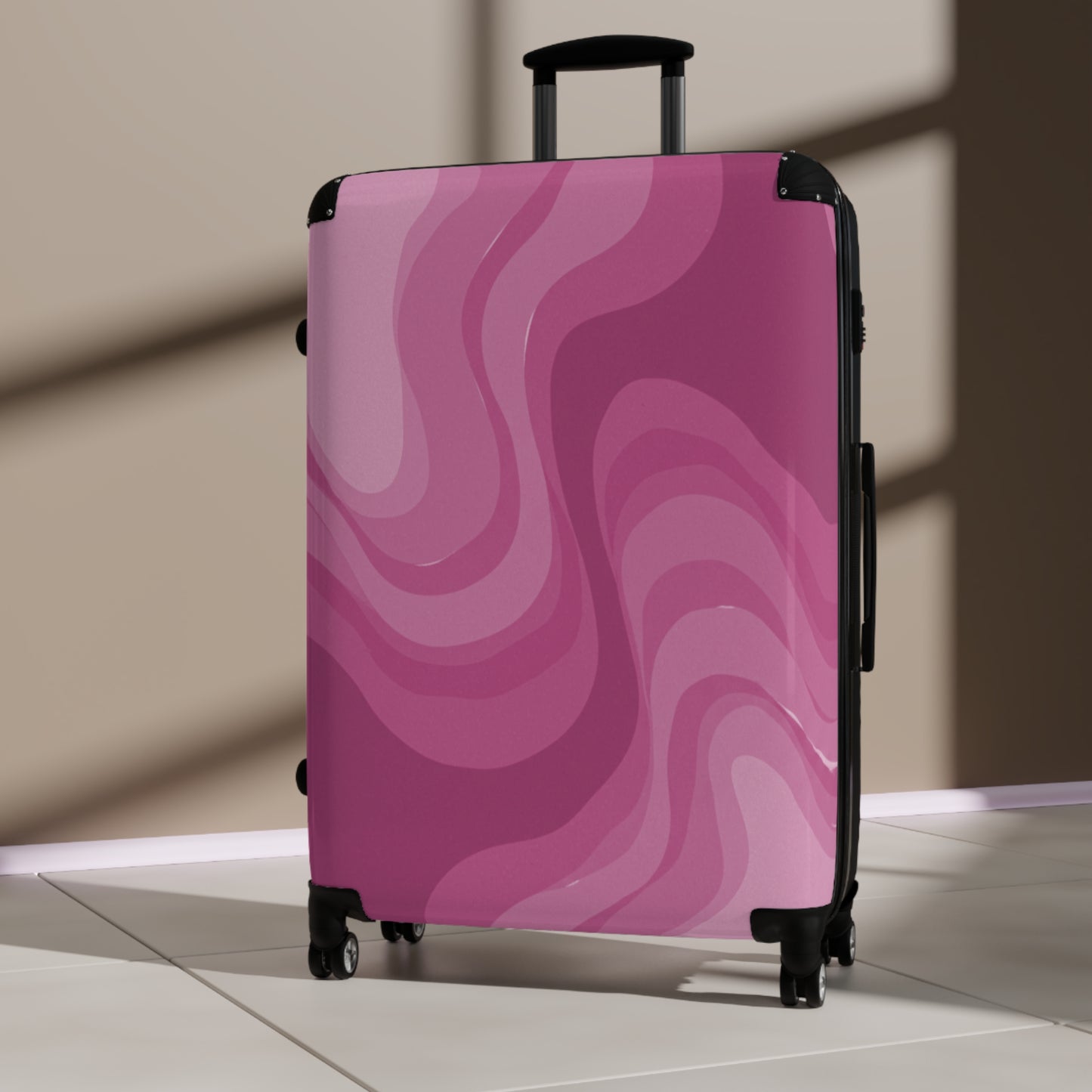 Pinky Mauve Wavey Large Suitcase with built in lock, 4 double-wheels, telescopic handle, and ABS back hard-shell