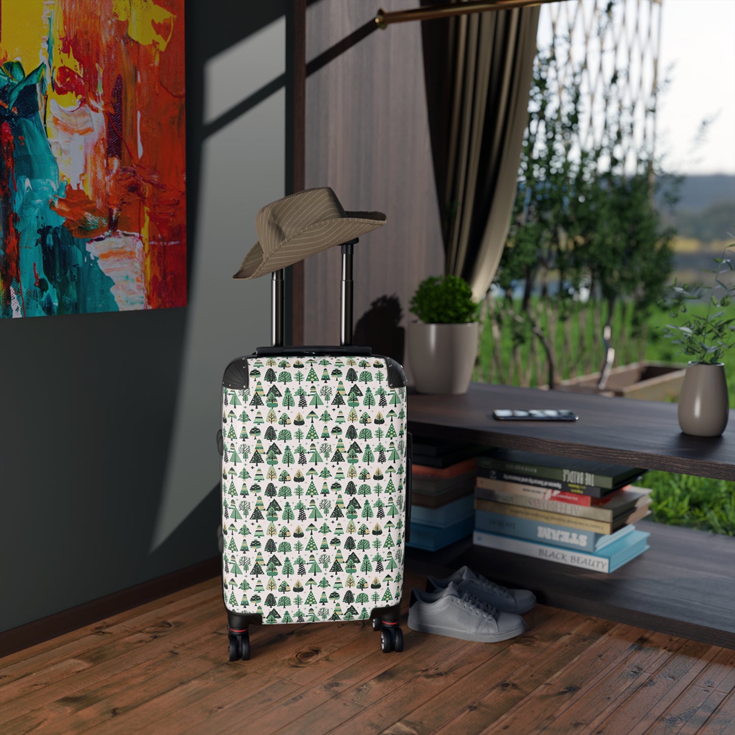 Mini Vintage Green Trees Small Suitcase with built in lock, 4 double-wheels, telescopic handle, and ABS back hard-shell