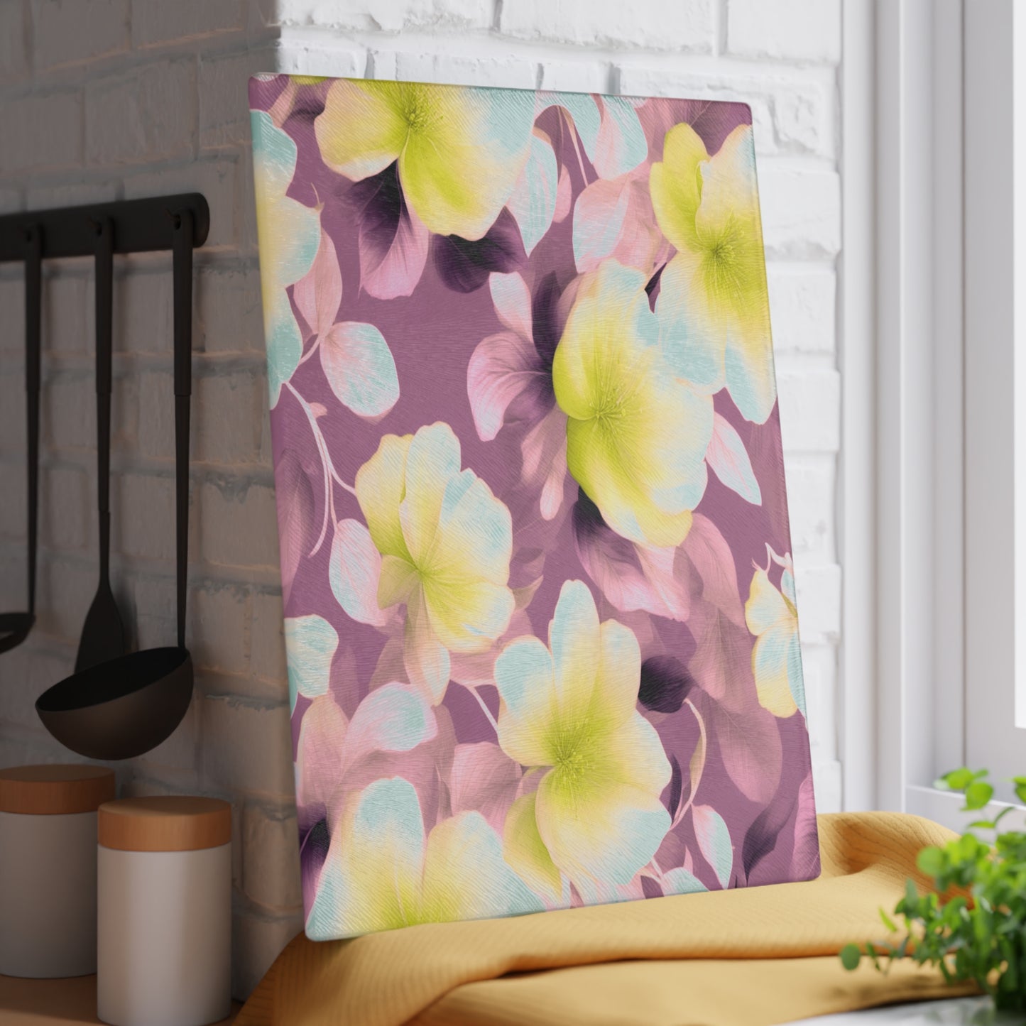 Lemon Blossom Floral Bunch Glass Cutting Board, 11" x 15"