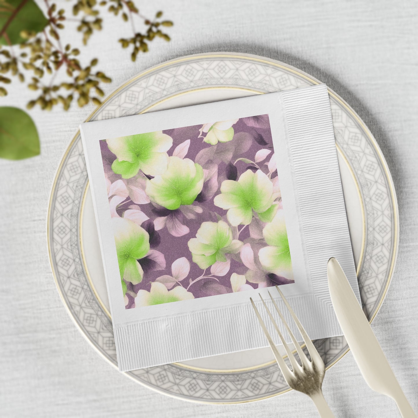 Lime Lavender Floral Bunch White Coined Napkins, 6.5" x 6.5"