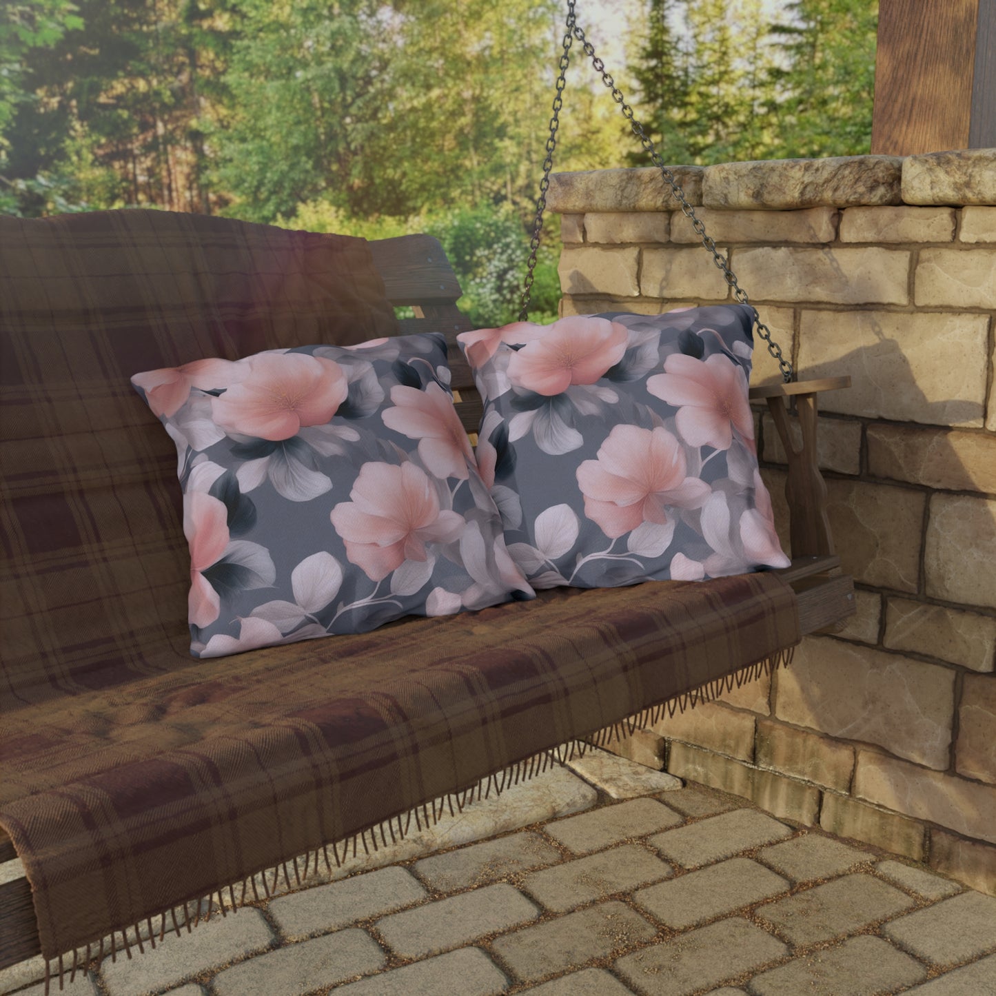 Peach and Blue Gray Floral Bunch 20" x 20" Outdoor Pillow