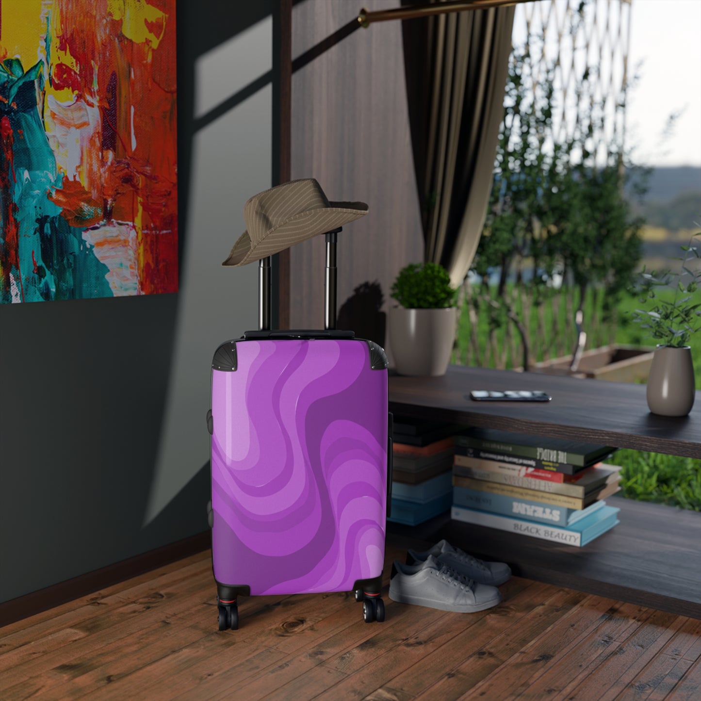 Wavey Purple Wavey Small Suitcase with built in lock, 4 double-wheels, telescopic handle, and ABS back hard-shell
