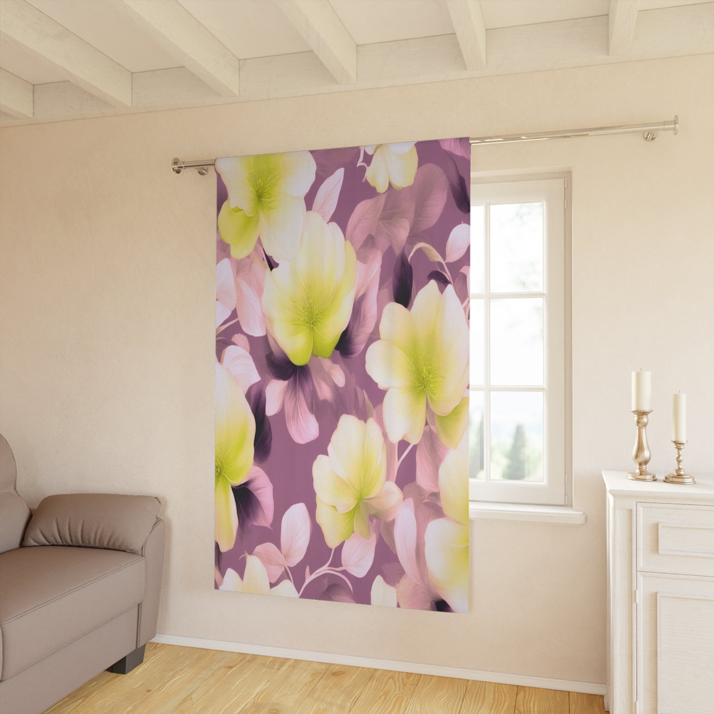 Lemon Blossom Floral Bunch Window Curtain, 50" x 84", blackout