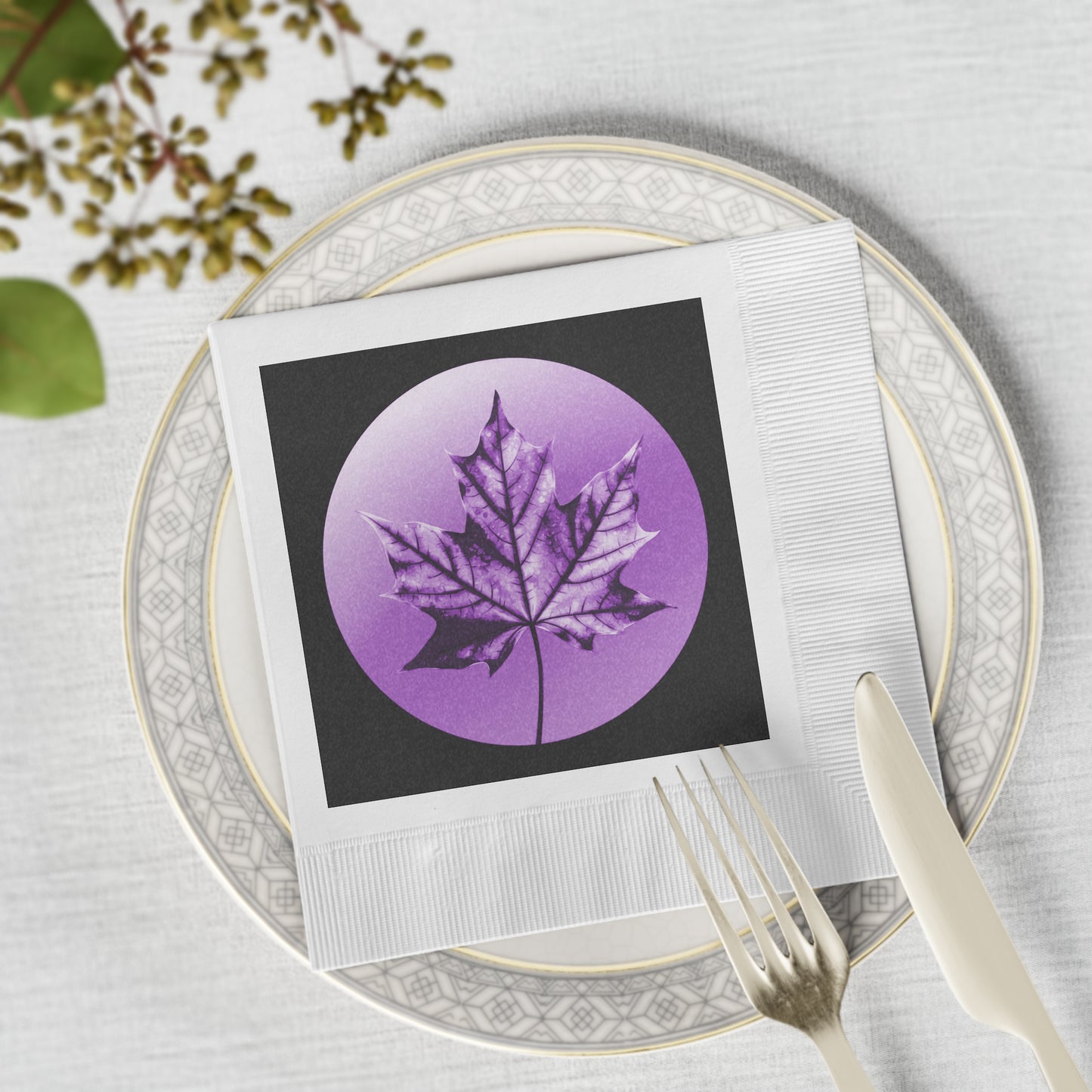 Purple Maple Leaf White Coined Napkins, 6.5" x 6.5"