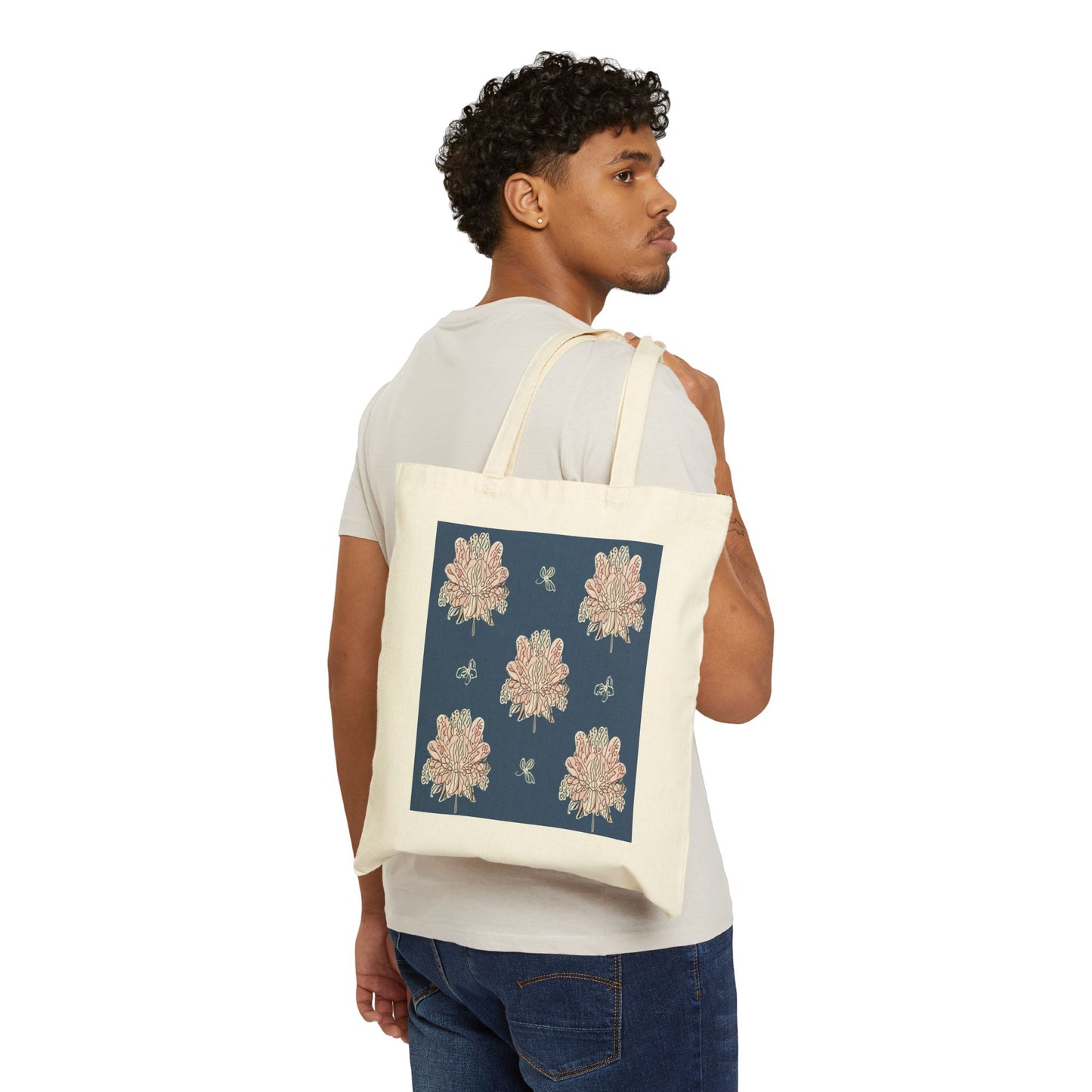 Rose White Floral Butterflies Cotton Canvas Tote Bag