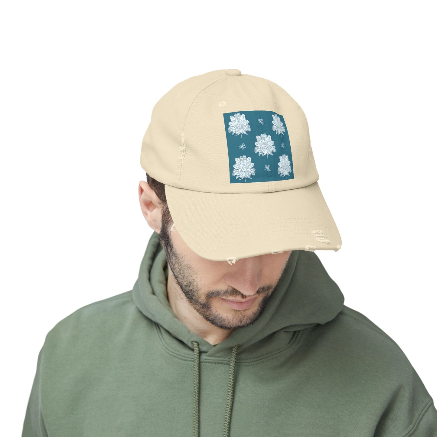 Tif Green White Floral Butterflies Unisex Distressed Cap
